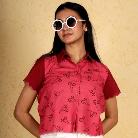 Handcrafted Cherry Top with Scallop Hems Cotton Shirt